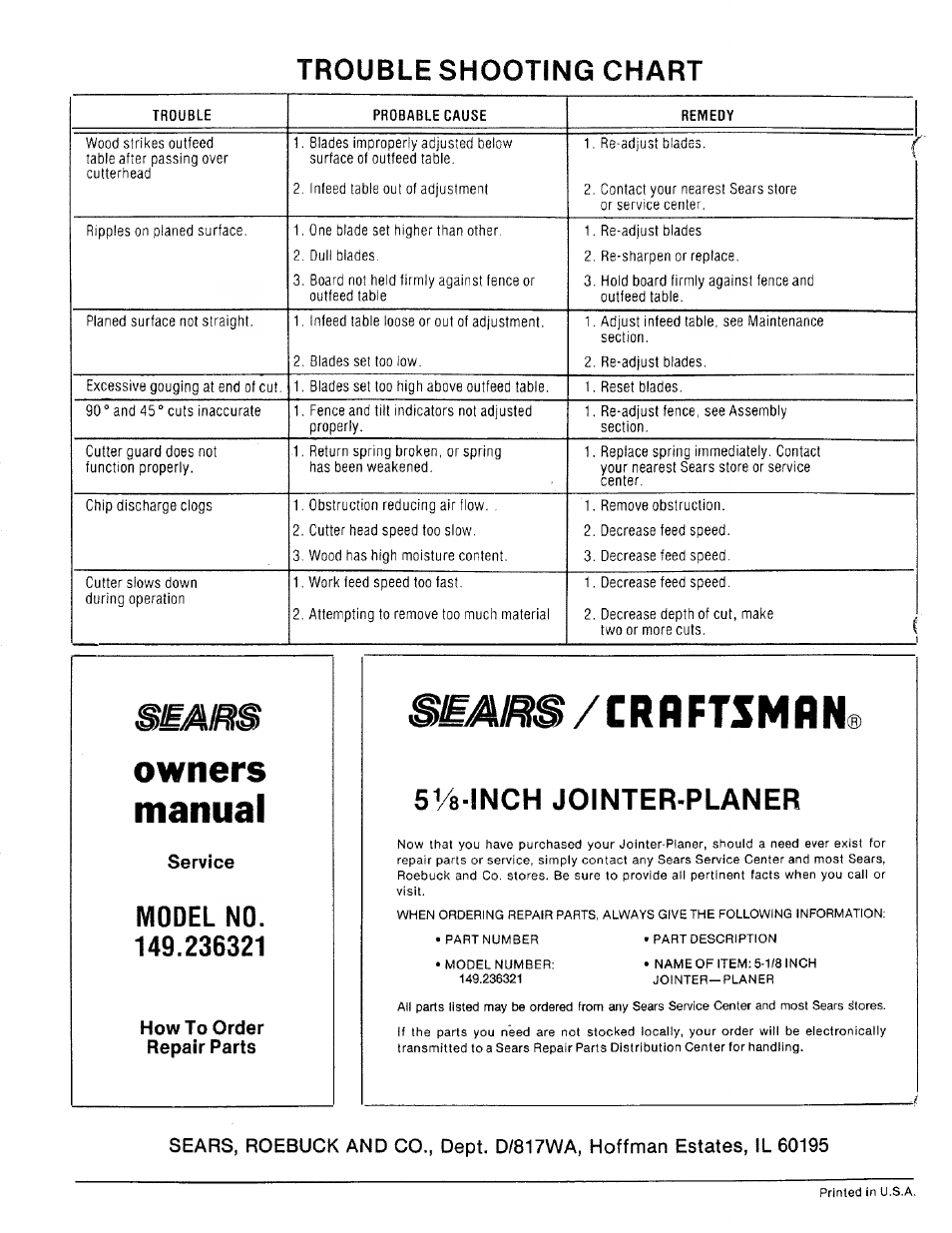 Trouble shooting chart, Service, Model no. 149.236321 | How to order repair parts, Svs-inch jointer-planer, How to order replacement parts, S£4/i^a/crflftsmfln, Owners manual, Model no | Craftsman 149.236321 User Manual | Page 16 / 16