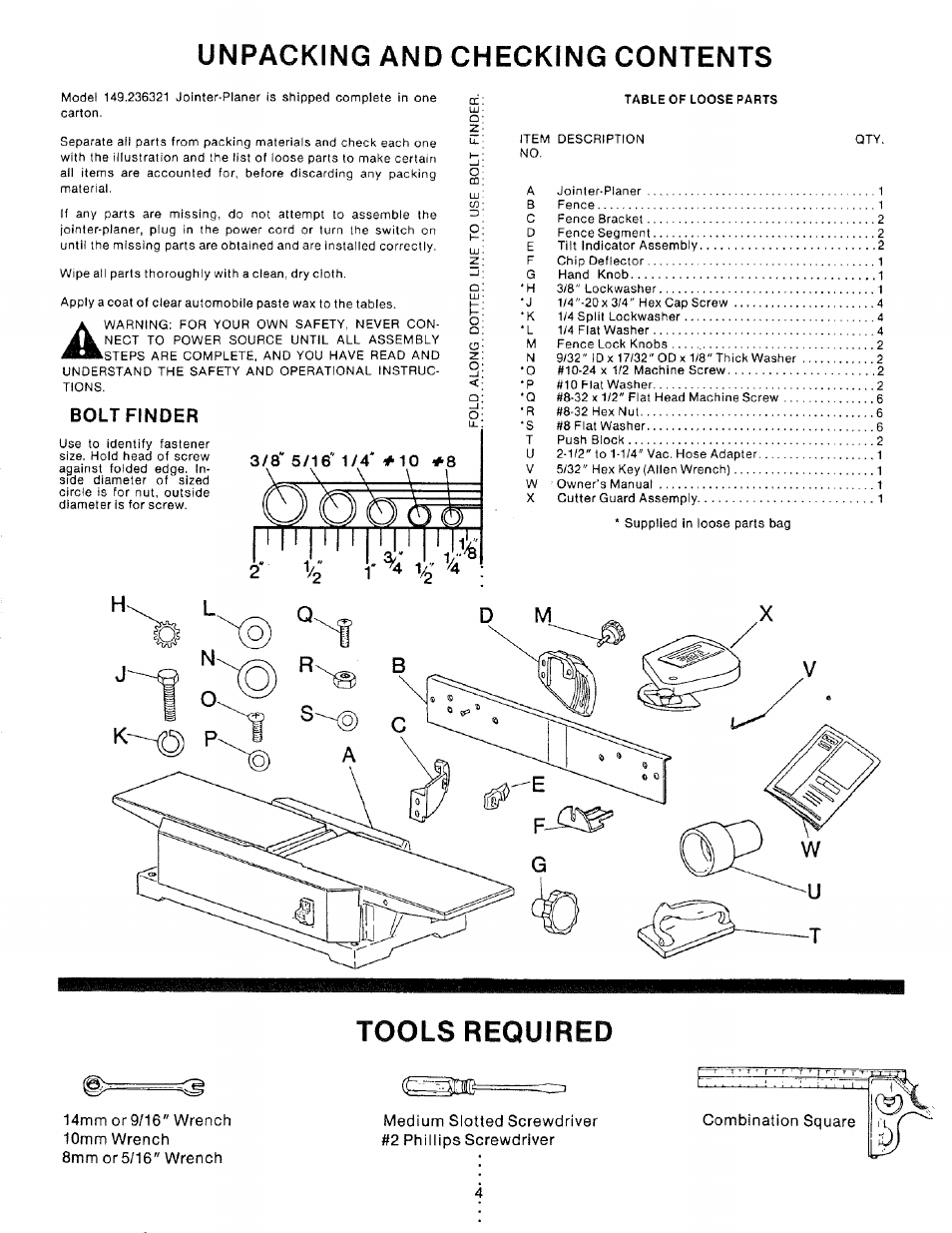 Unpacking and checking contents, Tools required, Bolt finder | Craftsman 149.236321 User Manual | Page 4 / 16