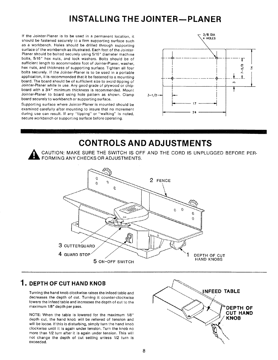 Installing the jointer—planer, Controls and adjustments, Installing the jointer-planer | Controls and adjustments , 9 | Craftsman 149.236321 User Manual | Page 8 / 16