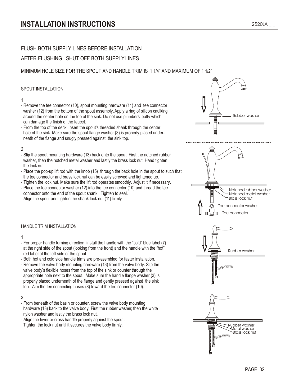 Installation instructions, Flush both supply lines before installation, After flushing , shut off both supply lines | And maximum of 1, Page 02 | Santec 2520LA User Manual | Page 2 / 4