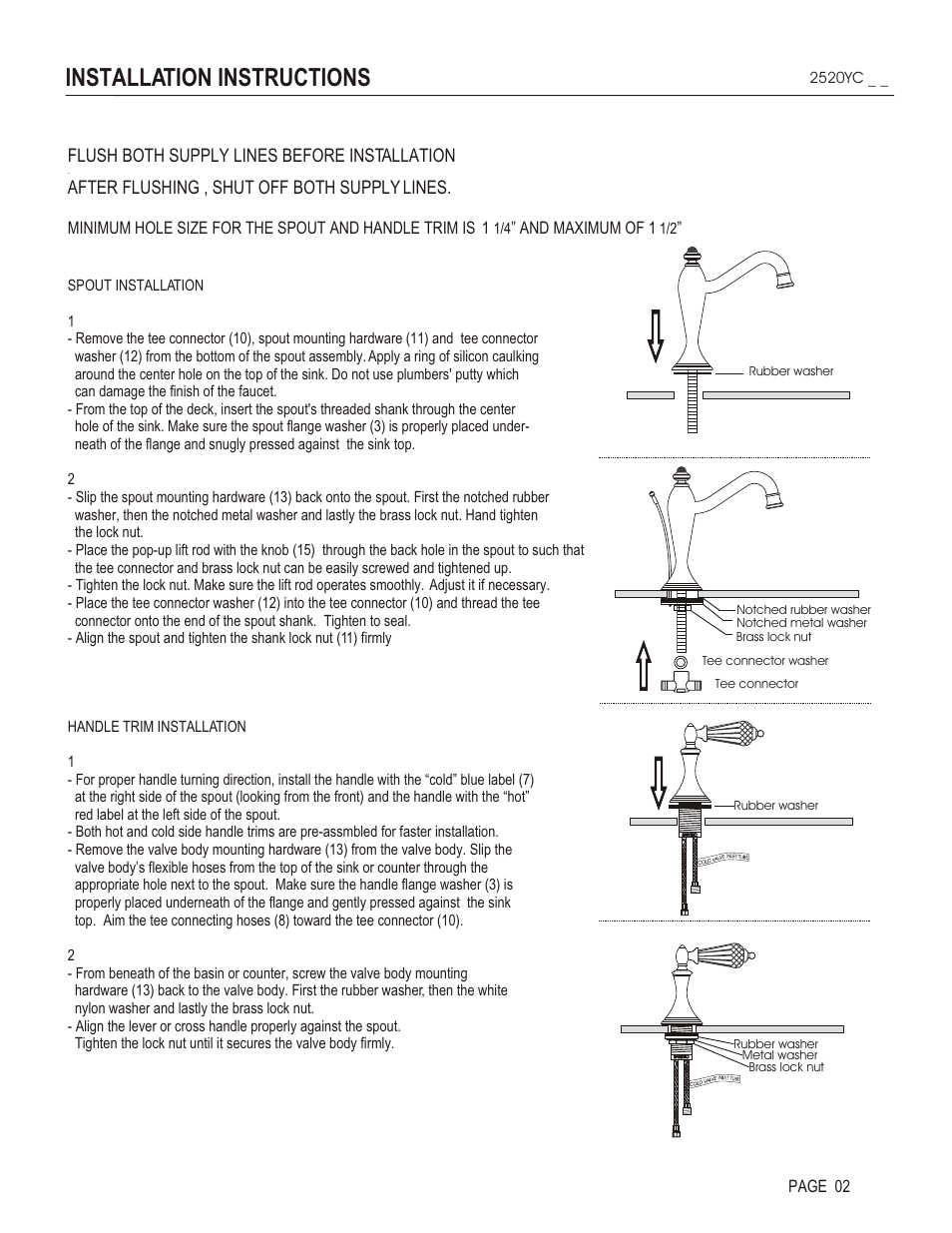 Installation instructions, Flush both supply lines before installation, After flushing , shut off both supply lines | And maximum of 1, Page 02 | Santec 2520YC User Manual | Page 2 / 4