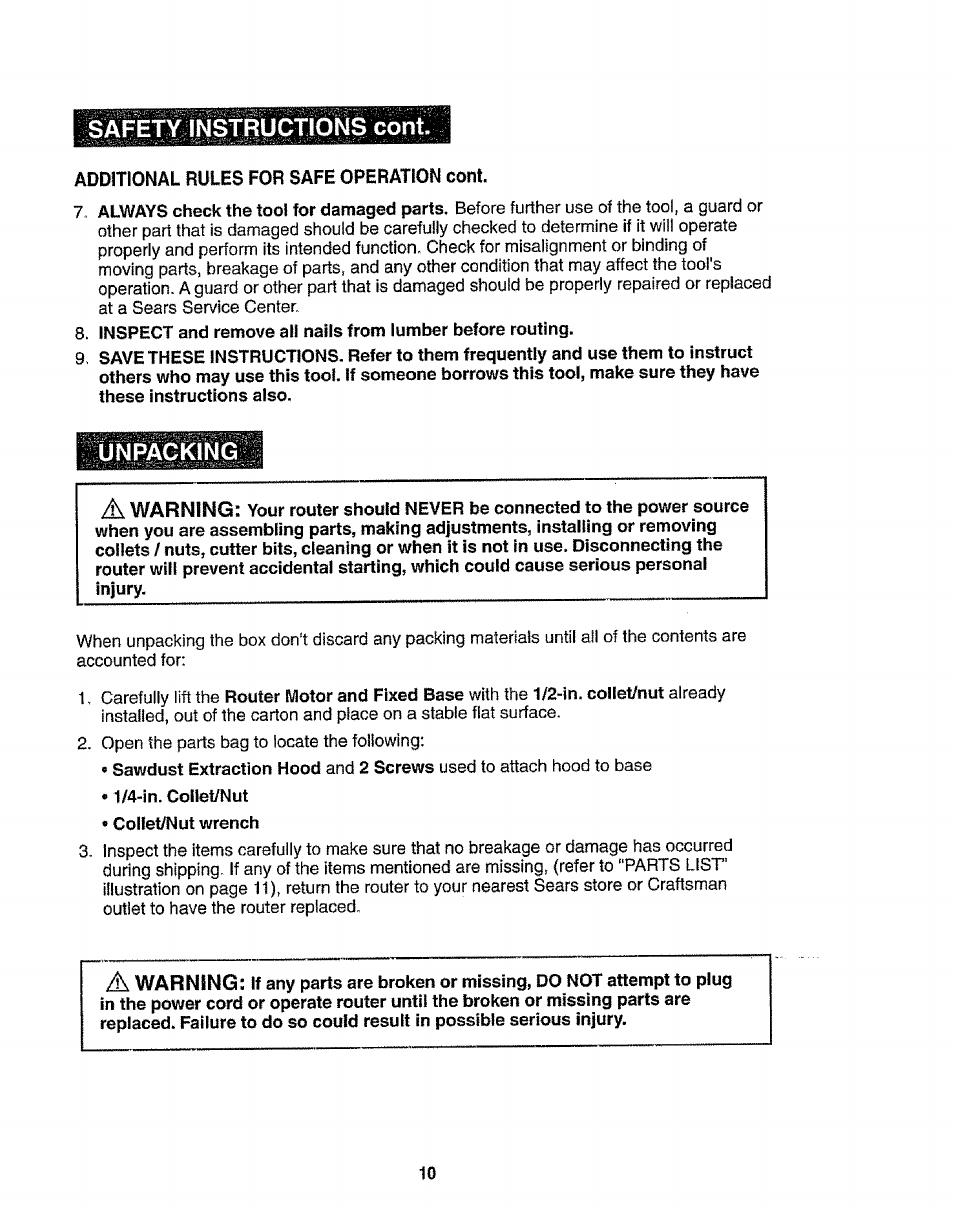 Unpacking, Safety instructions cont | Craftsman 320.17541 User Manual | Page 10 / 40