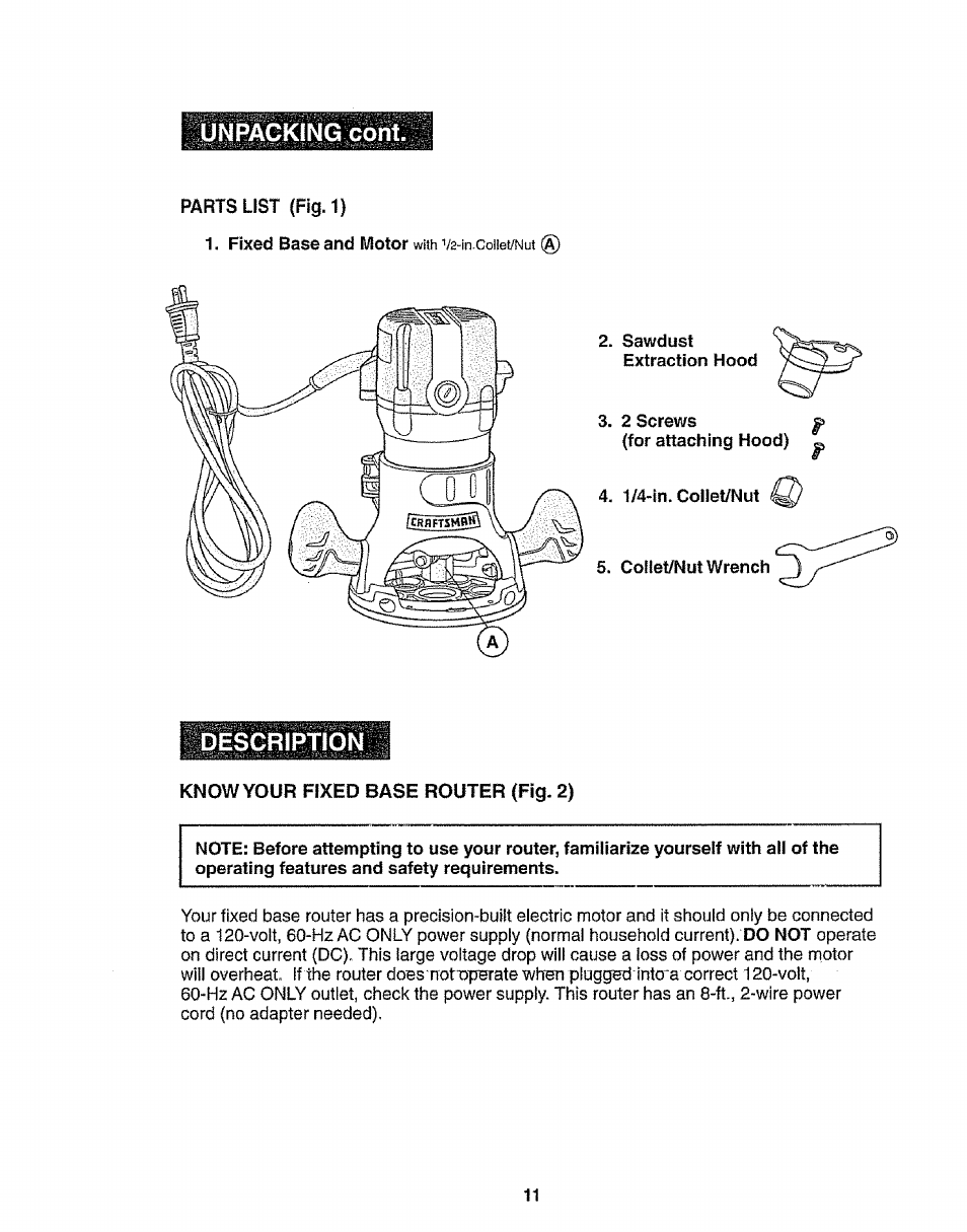 Parts list (fig.1), Know your fixed base router (fig. 2), Description | Unpacking cont | Craftsman 320.17541 User Manual | Page 11 / 40