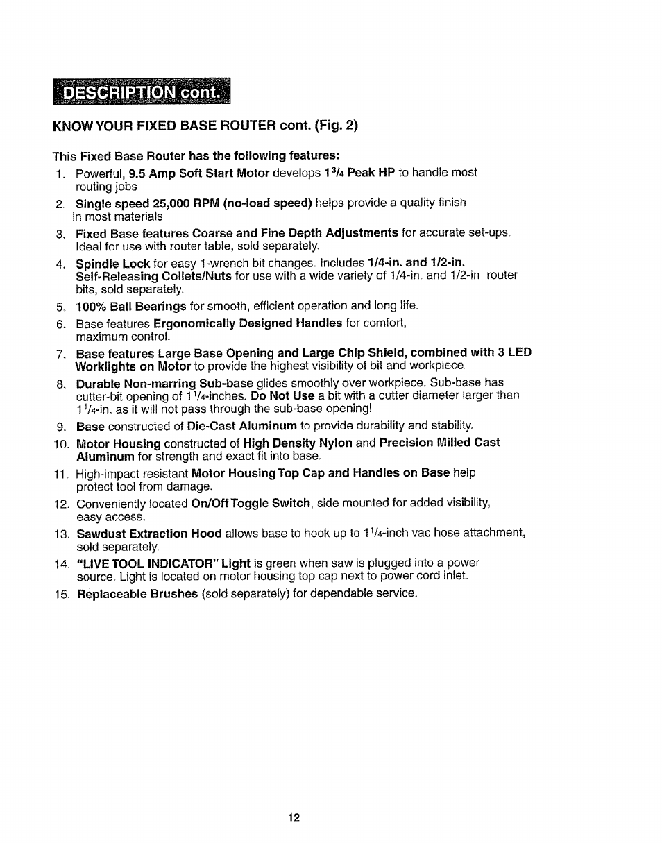 Know your fixed base router cont. (fig. 2), This fixed base router has the following features, Description coni | Craftsman 320.17541 User Manual | Page 12 / 40