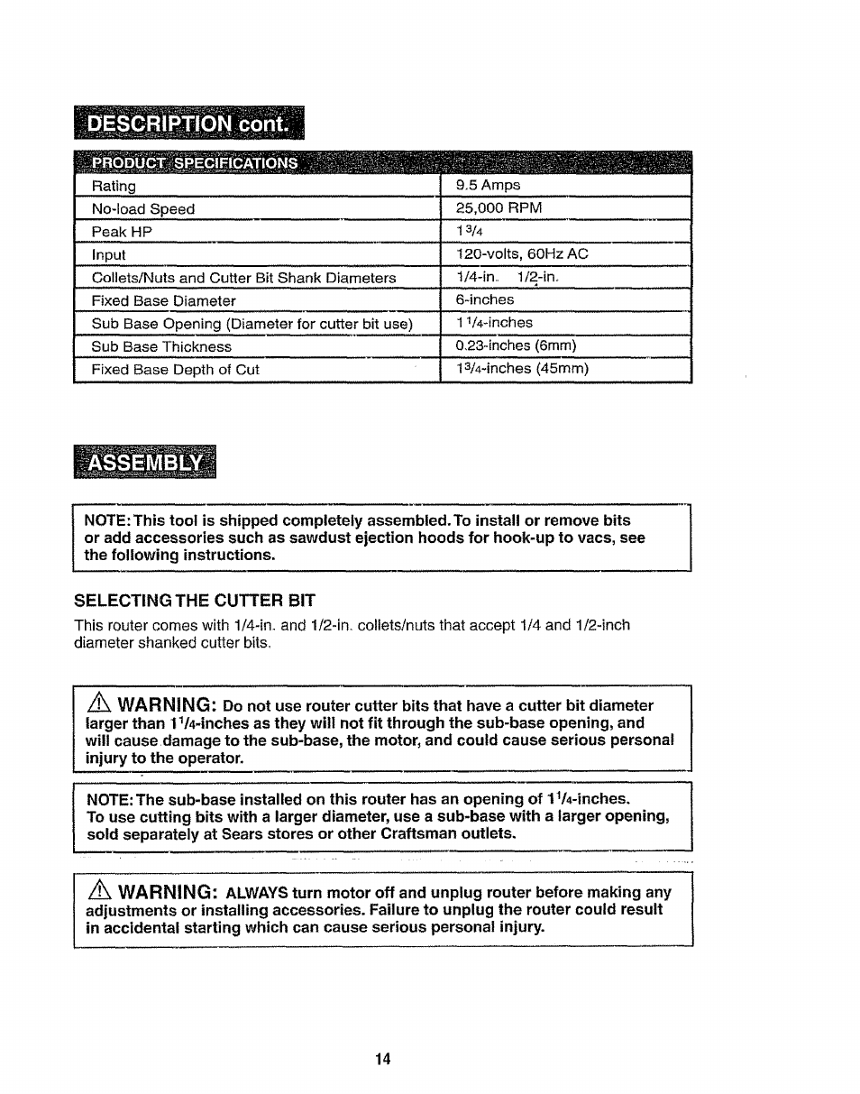 Assembly, Description cont | Craftsman 320.17541 User Manual | Page 14 / 40