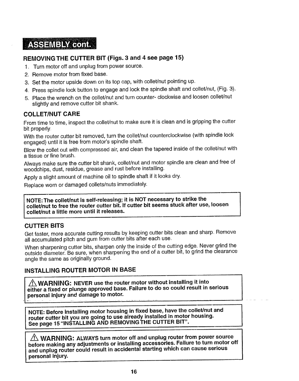 Collet/nut care, Cutter bits, Installing router motor in base | Assembly cont | Craftsman 320.17541 User Manual | Page 16 / 40