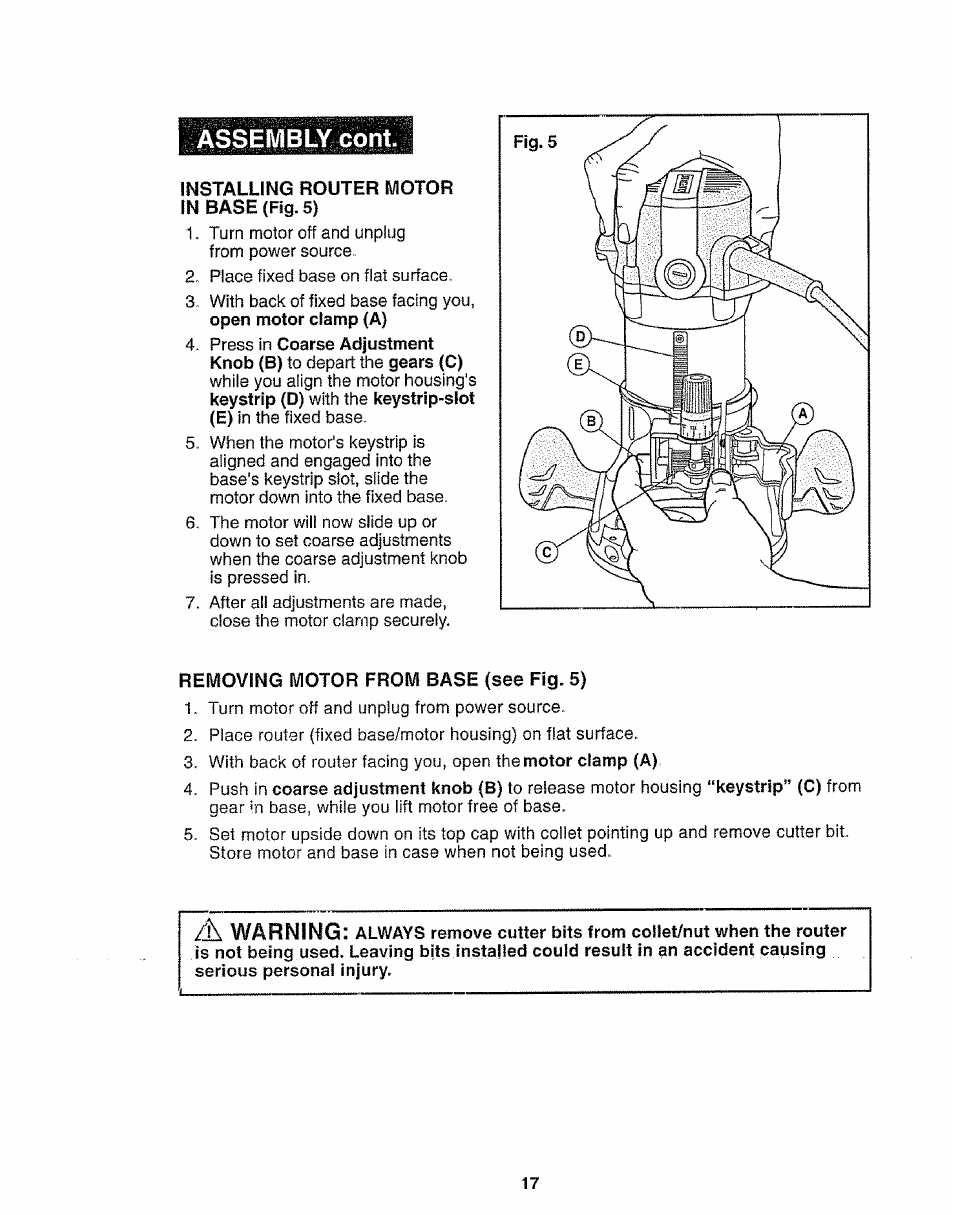 Installing router motor, In base (fig. 5, Removing motor from base (see fig. 5) | Asseivibly coni | Craftsman 320.17541 User Manual | Page 17 / 40