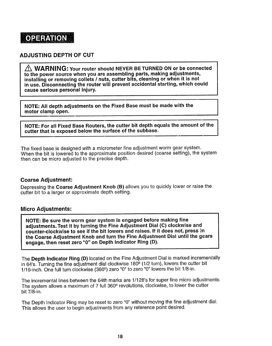 Coarse adjustment, Micro adjustments, Operation | Craftsman 320.17541 User Manual | Page 18 / 40