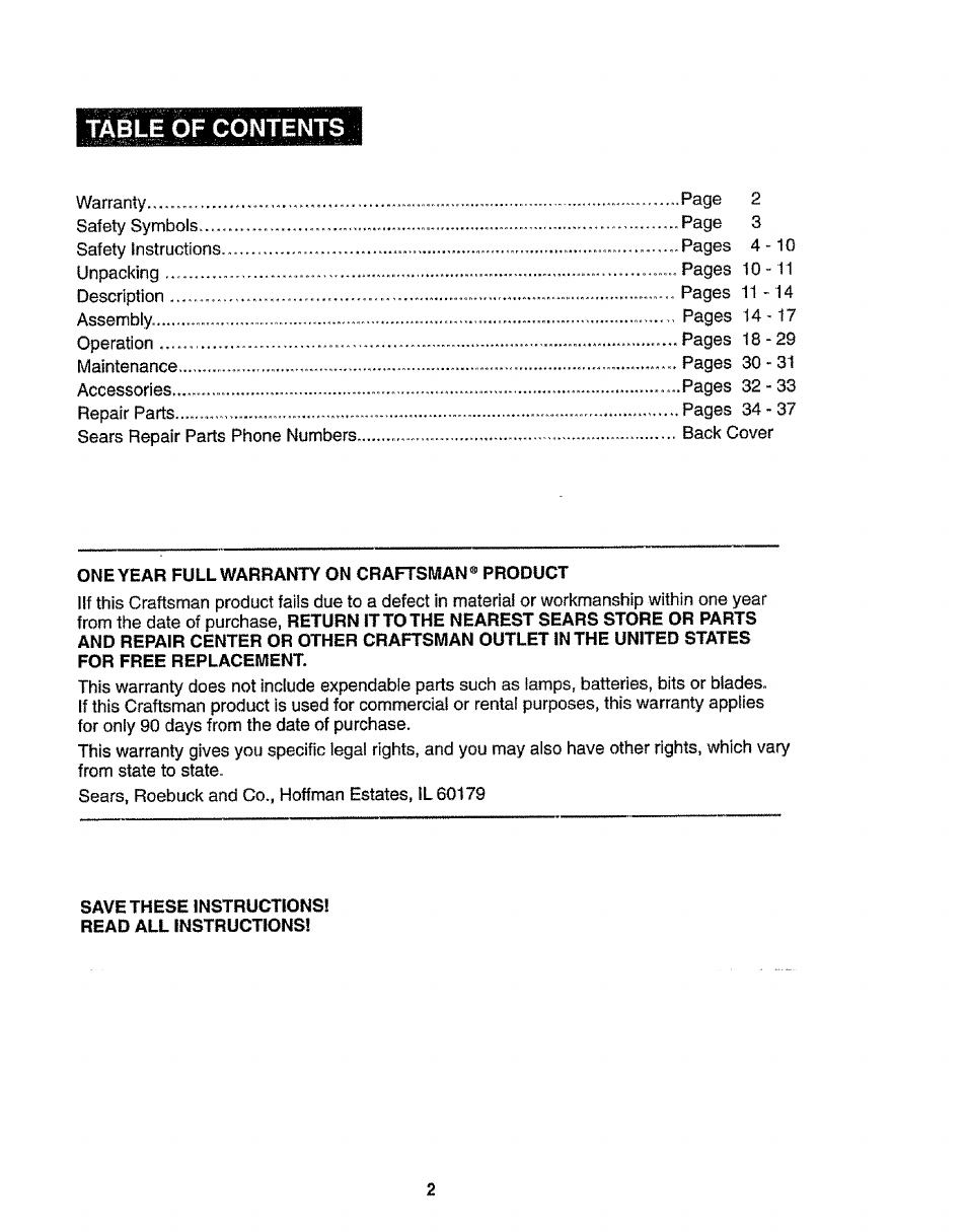 One year full warranty on craftsman® product, Save these instructions! read all instructions | Craftsman 320.17541 User Manual | Page 2 / 40