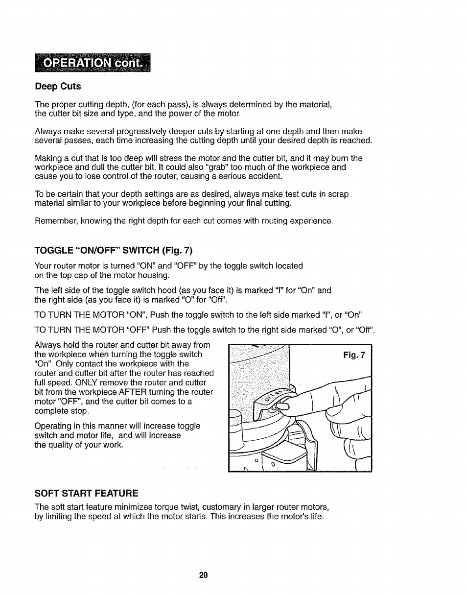 Toggle “on/off” switch (fig. 7), Operation coni | Craftsman 320.17541 User Manual | Page 20 / 40