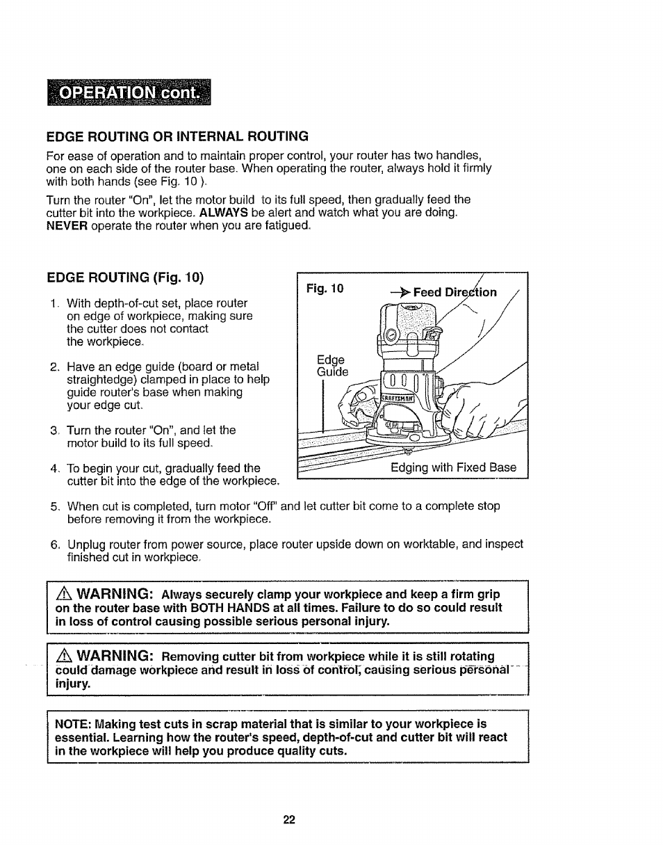 Edge riouting or internal routing, Edge routing (fig. 10), Operation cont | Craftsman 320.17541 User Manual | Page 22 / 40