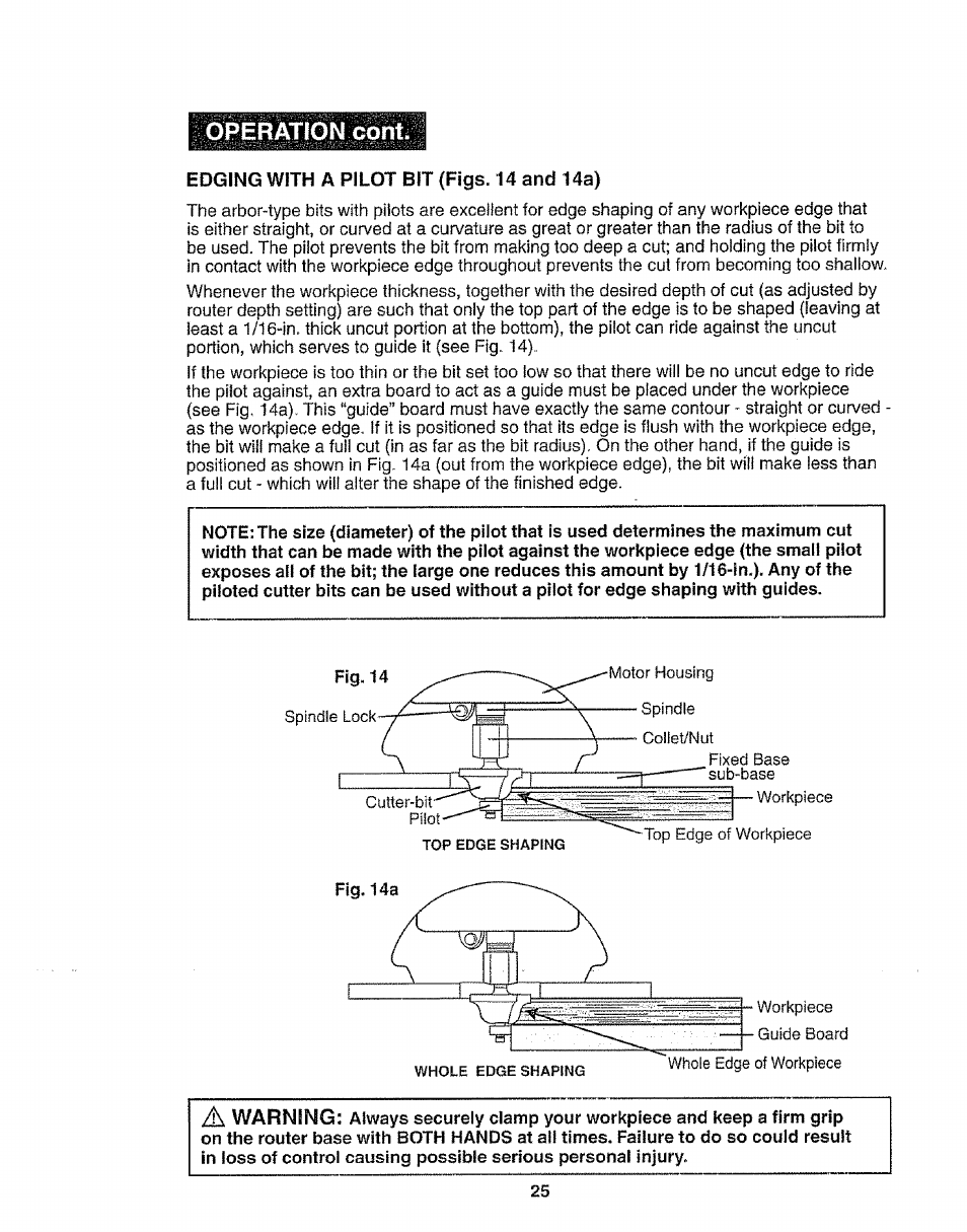 Edging with a pilot bit (figs. 14 and 14a), Operation com | Craftsman 320.17541 User Manual | Page 25 / 40