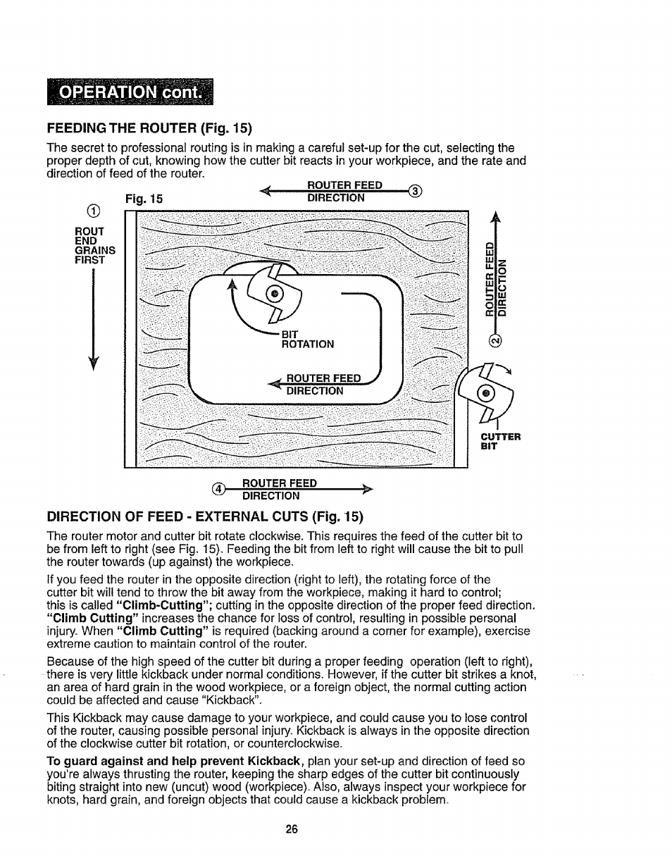 Feeding the router (fig. 15), Direction of feed - external cuts (fig. 15), Opération cont | Craftsman 320.17541 User Manual | Page 26 / 40