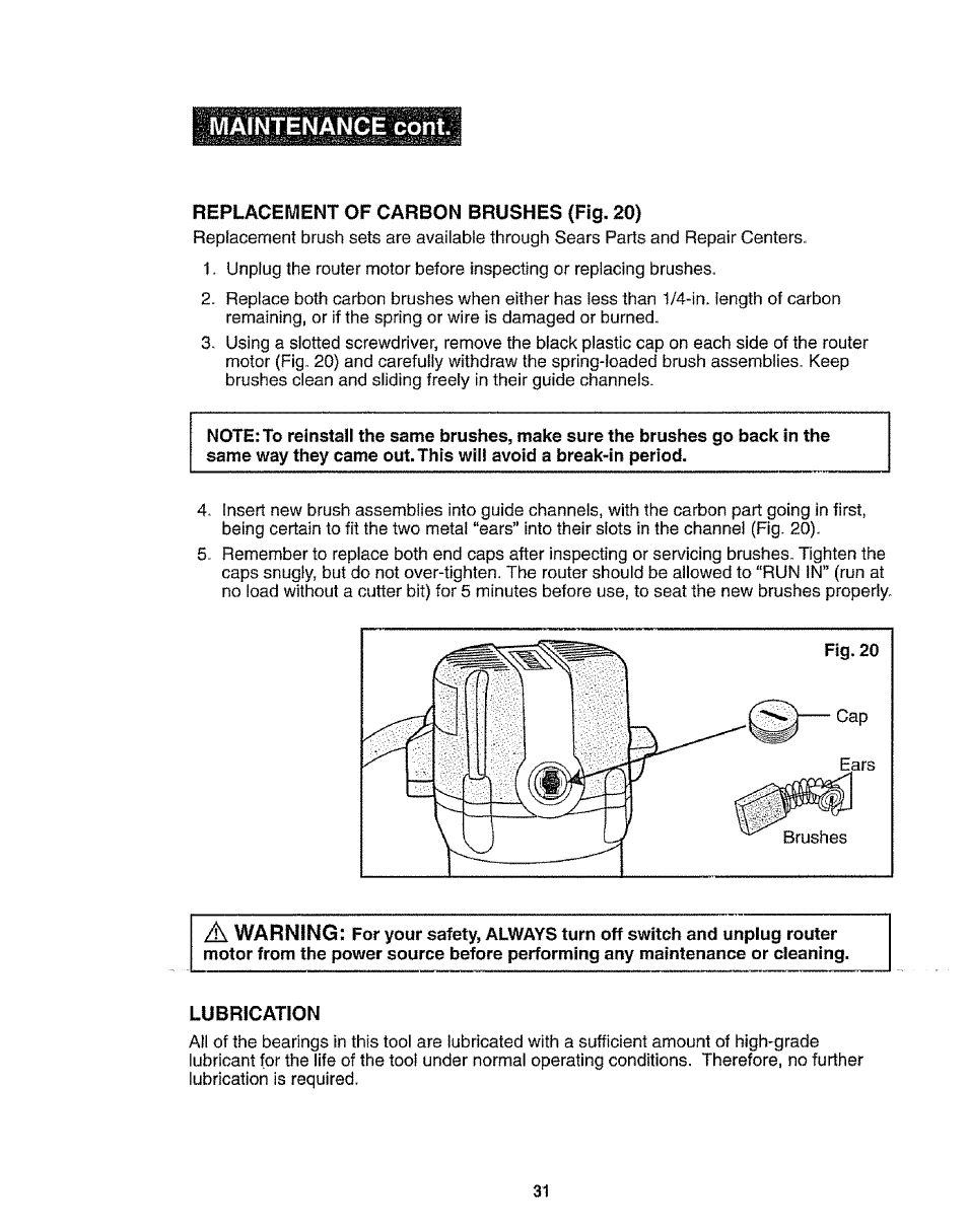 Replacewient of carbon brushes {fio. 20), Lubrication, Maintenance cont | Craftsman 320.17541 User Manual | Page 31 / 40