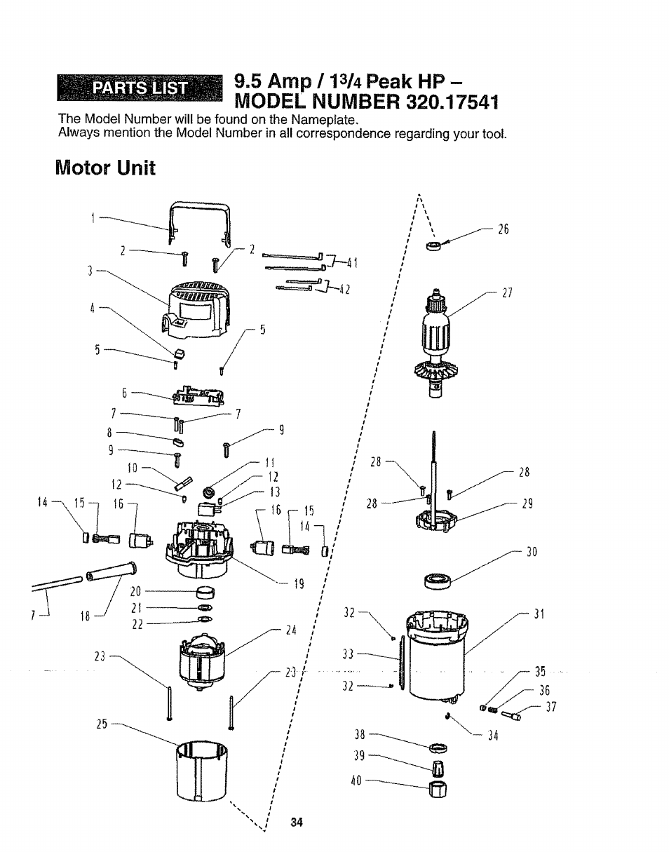 5 amp/13/4 peak hp- model number 320.17541, Motor unit | Craftsman 320.17541 User Manual | Page 34 / 40