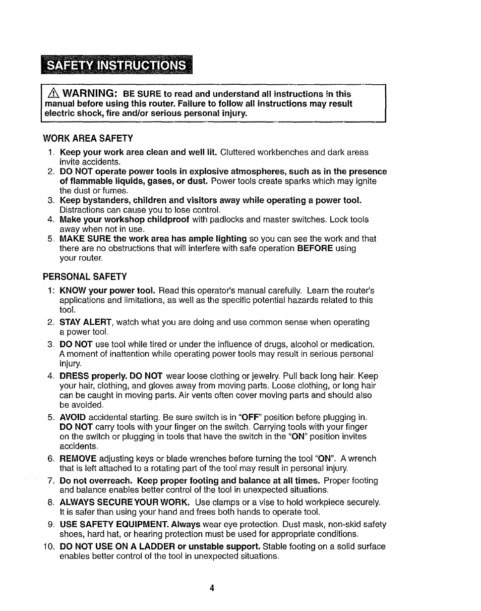 Work area safety, Personal safety, Safety instructions | Warning | Craftsman 320.17541 User Manual | Page 4 / 40