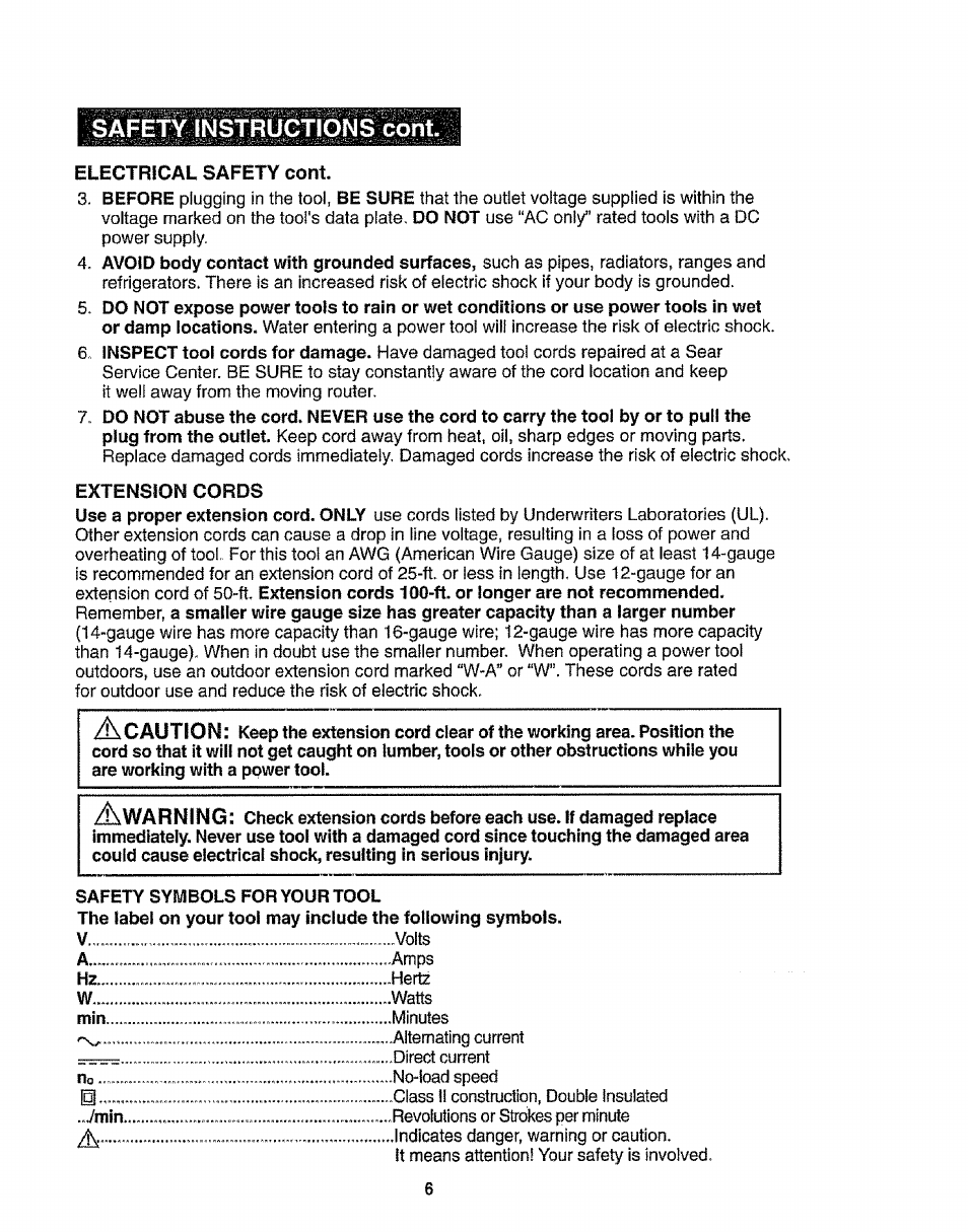 Electrical safety cont, Extension cords, Safety symbols for your tool | Safety instructions cont | Craftsman 320.17541 User Manual | Page 6 / 40