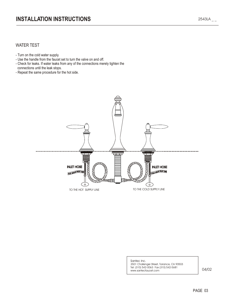 Installation instructions, Water test, Page 03 | Santec 2543LA User Manual | Page 3 / 4