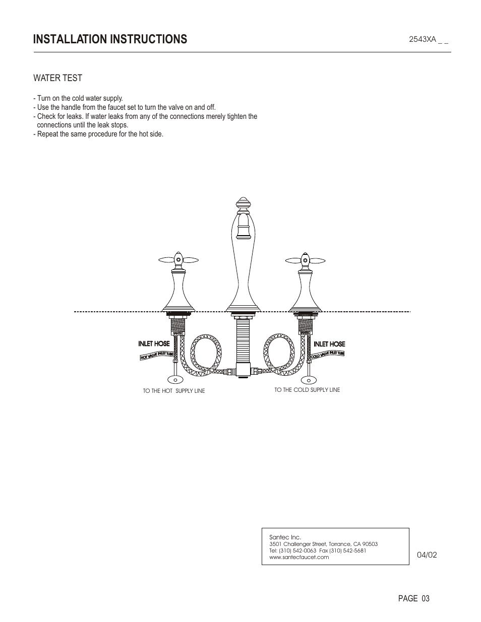 Installation instructions, Water test, Page 03 | Santec 2543XA User Manual | Page 3 / 4