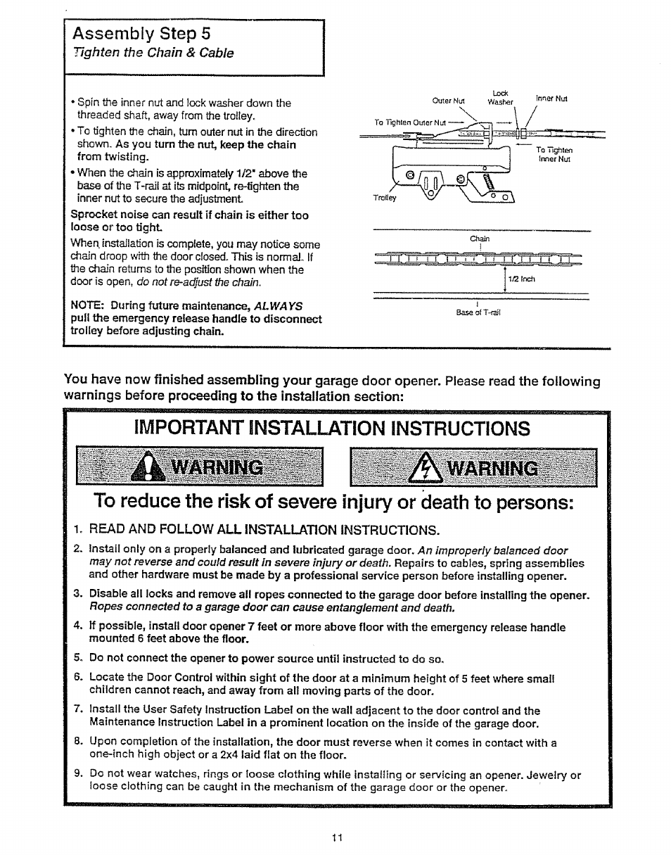 Assembly step 5, Important installation instructions, Warning | Read and follow all installation instructions | Craftsman 139.53675SRT User Manual | Page 11 / 40