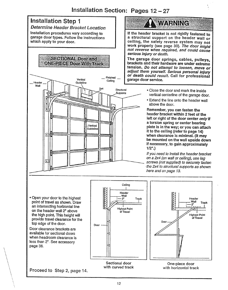 Installation step 1, Determine hebder bracket | Craftsman 139.53675SRT User Manual | Page 12 / 40