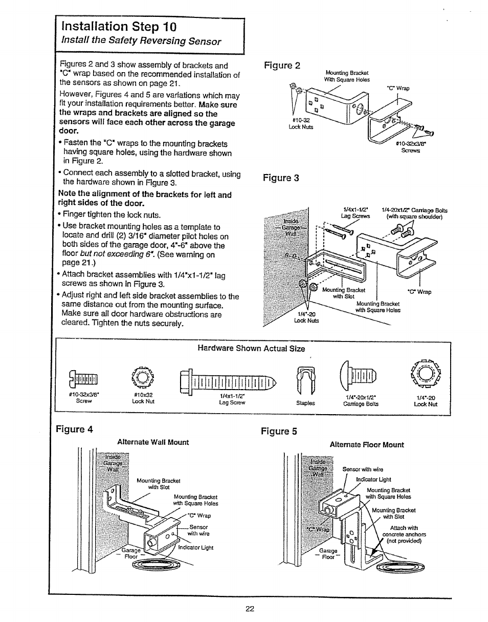 Installation step 10, Figure 2, Figure 3 | Figure 4, Figure 5, Instai! the safety reversing sensor, I i iii | Craftsman 139.53675SRT User Manual | Page 22 / 40