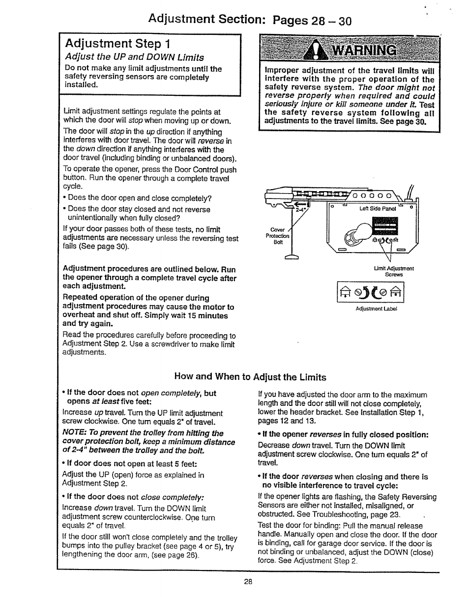 Adjustment step 1, How and when to adjust the limits, Adjust the up and down limits | Craftsman 139.53675SRT User Manual | Page 28 / 40