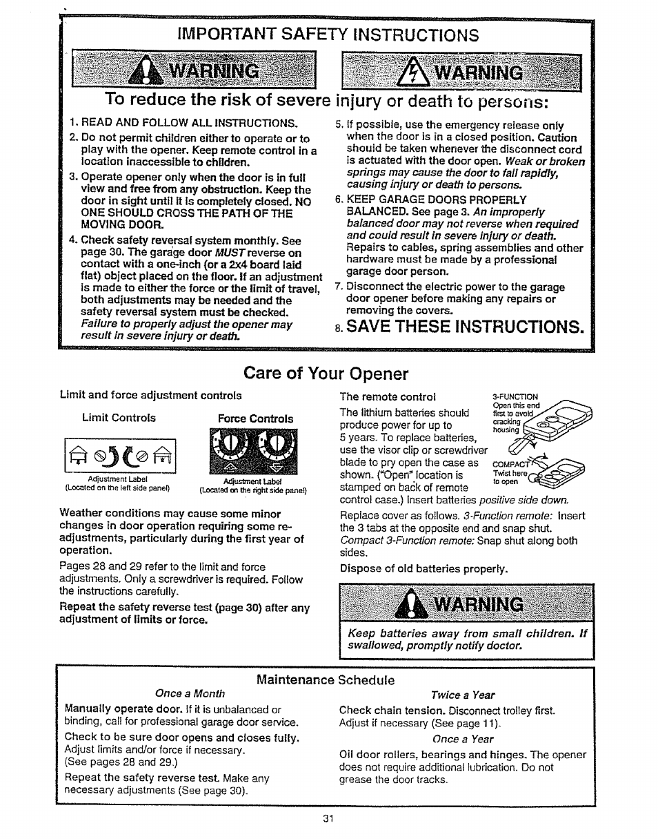 Important safety instructions, Save these instructions, Care of your opener | Maintenance schedule, Save these instructions. care of your opener | Craftsman 139.53675SRT User Manual | Page 31 / 40