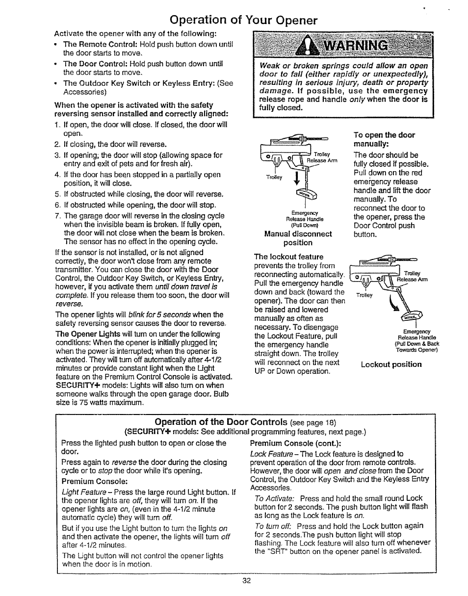 Operation of trie door, Operation of your opener, Controls | Craftsman 139.53675SRT User Manual | Page 32 / 40