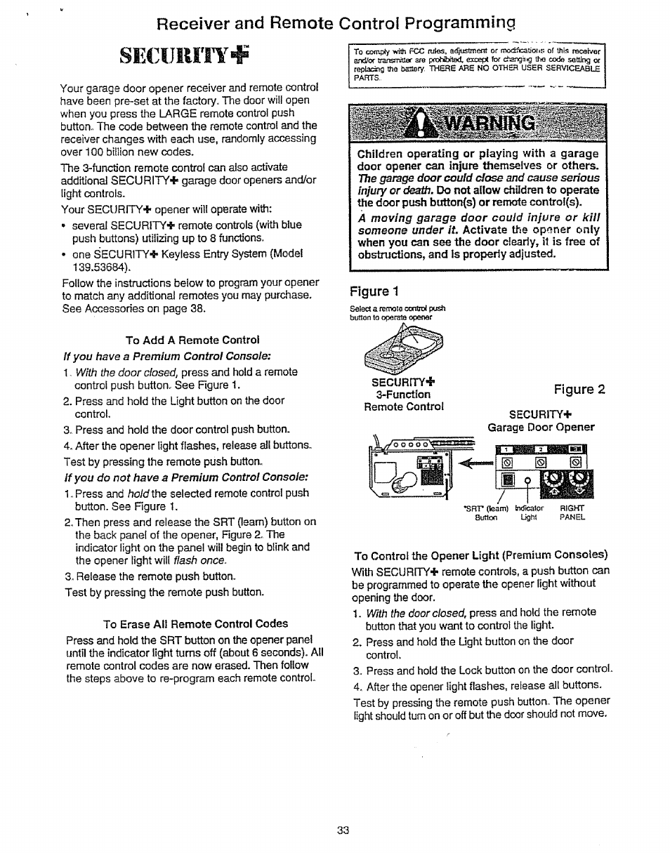 Receiver and remote control programming, Se€urnt | Craftsman 139.53675SRT User Manual | Page 33 / 40