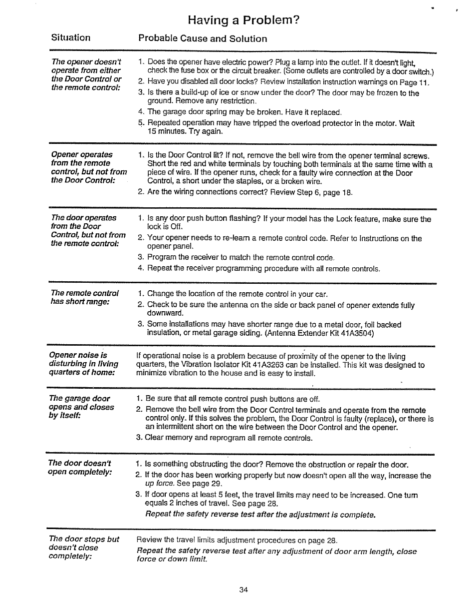 Having a problem, Probable cause and solution | Craftsman 139.53675SRT User Manual | Page 34 / 40