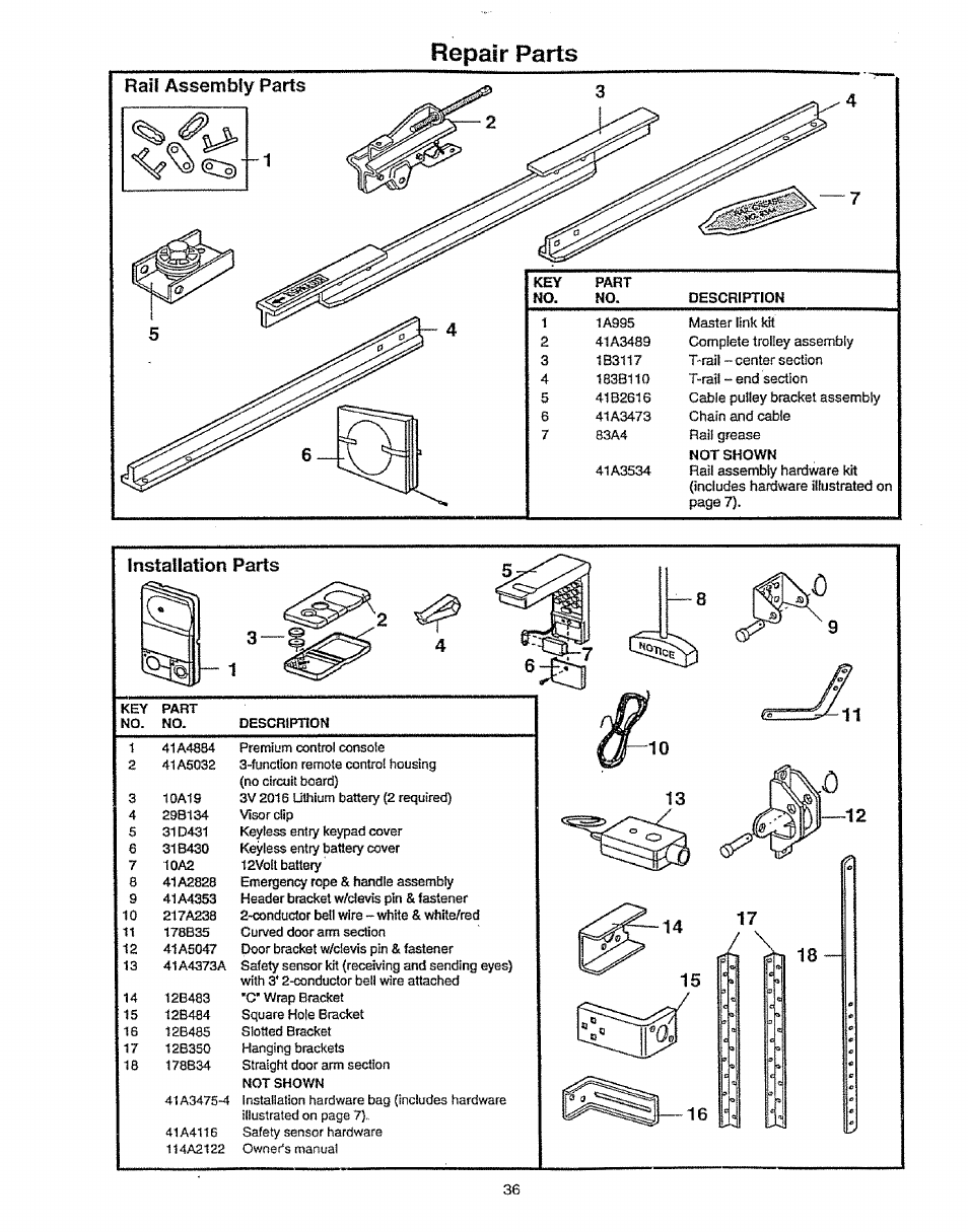 Instailatlon parts, Repair parts, Rail assembly parts | Craftsman 139.53675SRT User Manual | Page 36 / 40