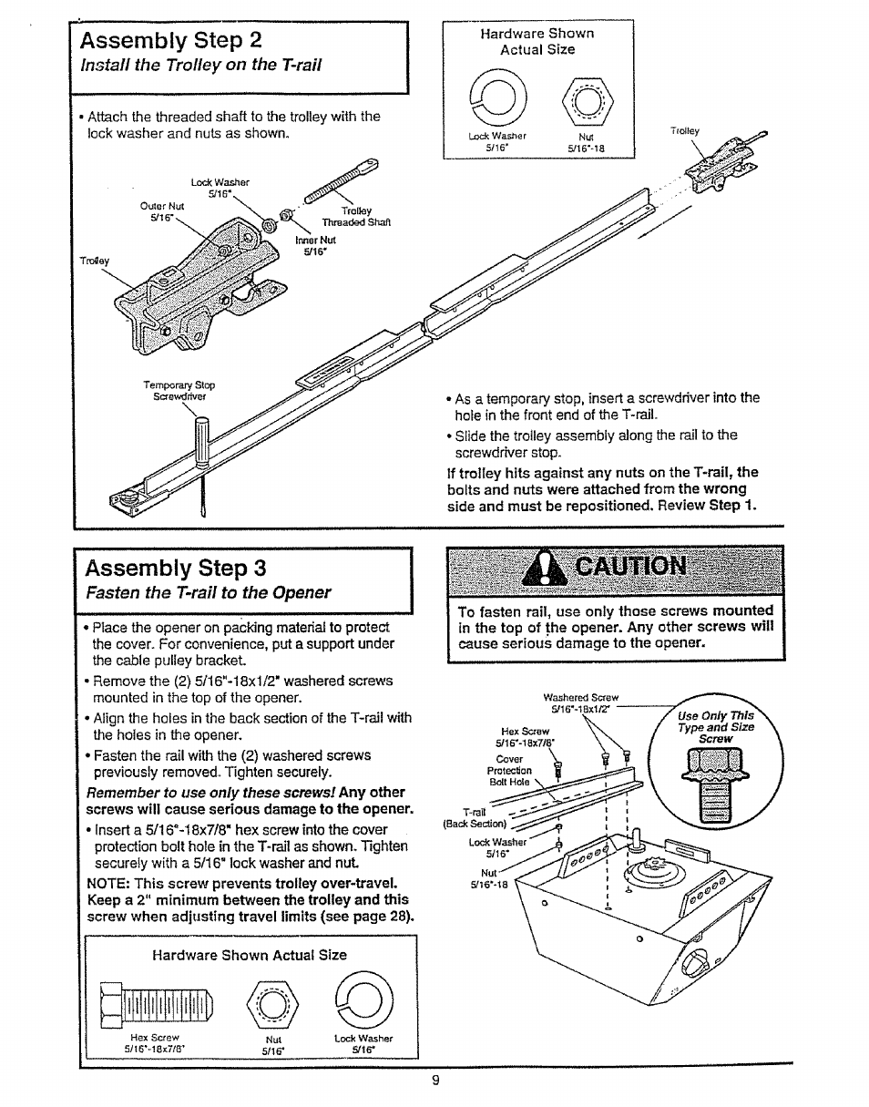 Assembly step 3, Fasten the t-rail to the opener | Craftsman 139.53675SRT User Manual | Page 9 / 40