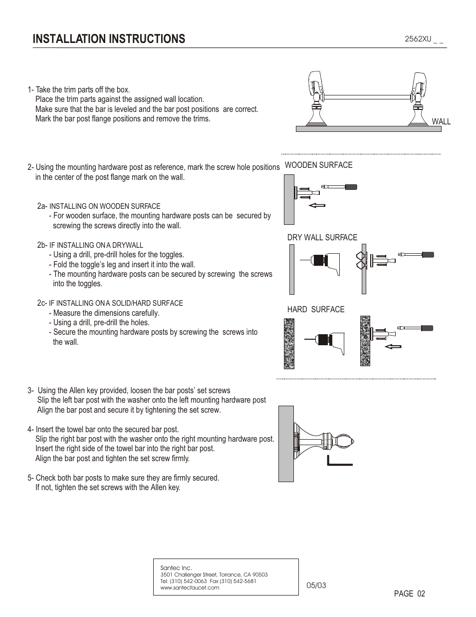 Installation instructions | Santec 2562XU User Manual | Page 2 / 3