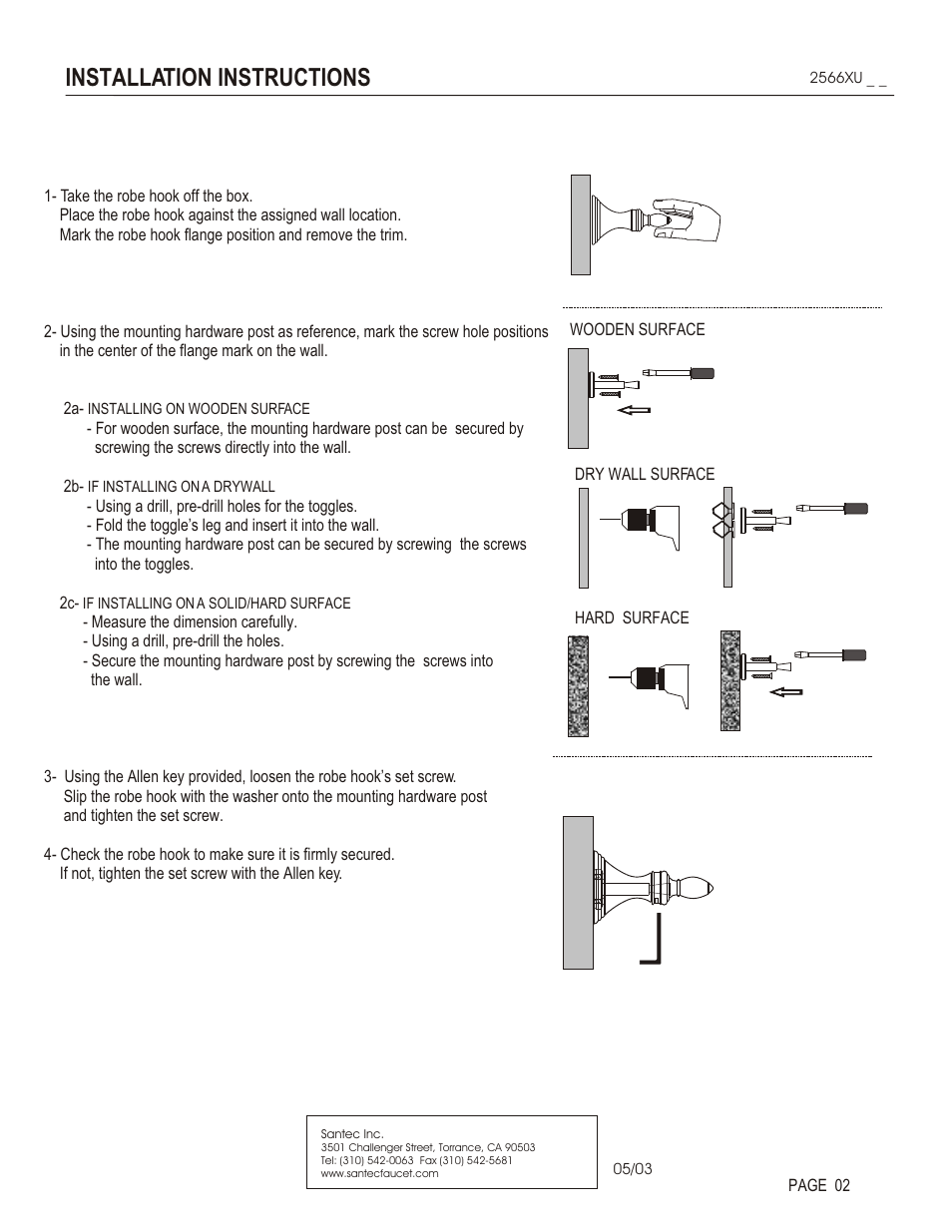 Installation instructions | Santec 2566XU User Manual | Page 2 / 3