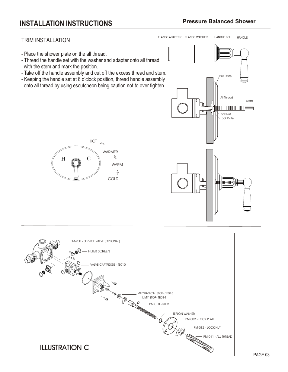 Installation instructions, Illustration c, Trim installation | Cpressure balanced shower | Santec 2631EZ User Manual | Page 3 / 4