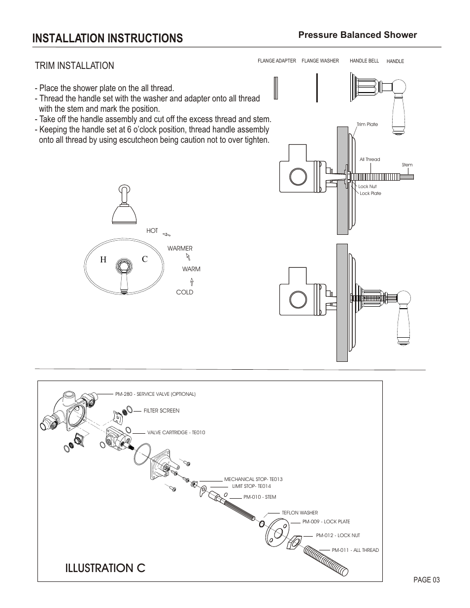 Installation instructions, Illustration c, Trim installation | Cpressure balanced shower | Santec 2632EZ User Manual | Page 3 / 4