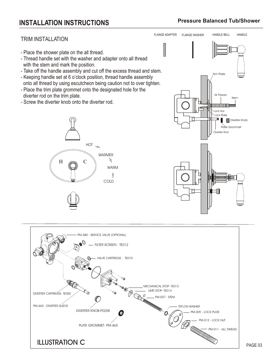 Installation instructions, Illustration c, Trim installation | Pressure balanced tub/shower | Santec 2634EZ User Manual | Page 3 / 4