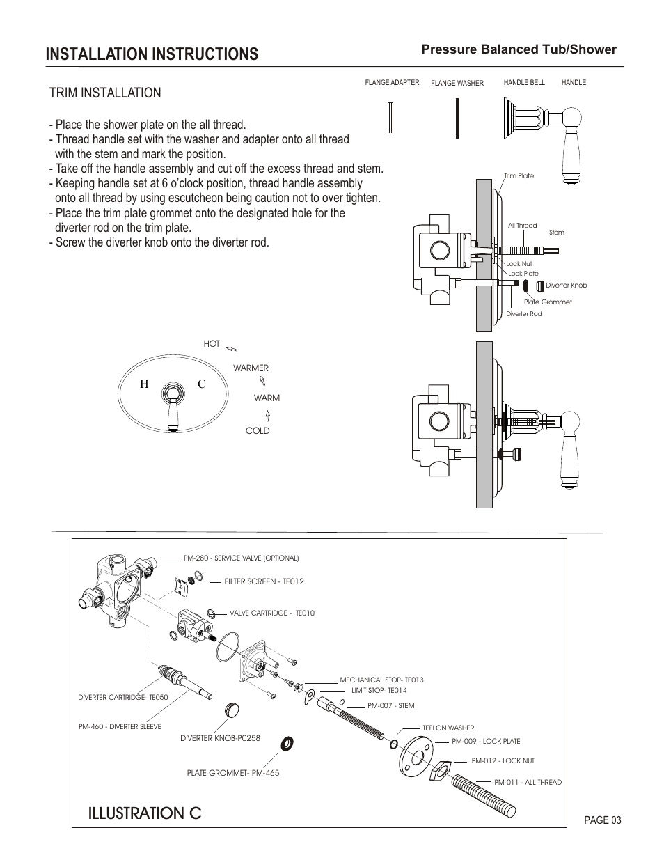 Installation instructions, Illustration c, Trim installation | Pressure balanced tub/shower | Santec 2635EZ User Manual | Page 3 / 4