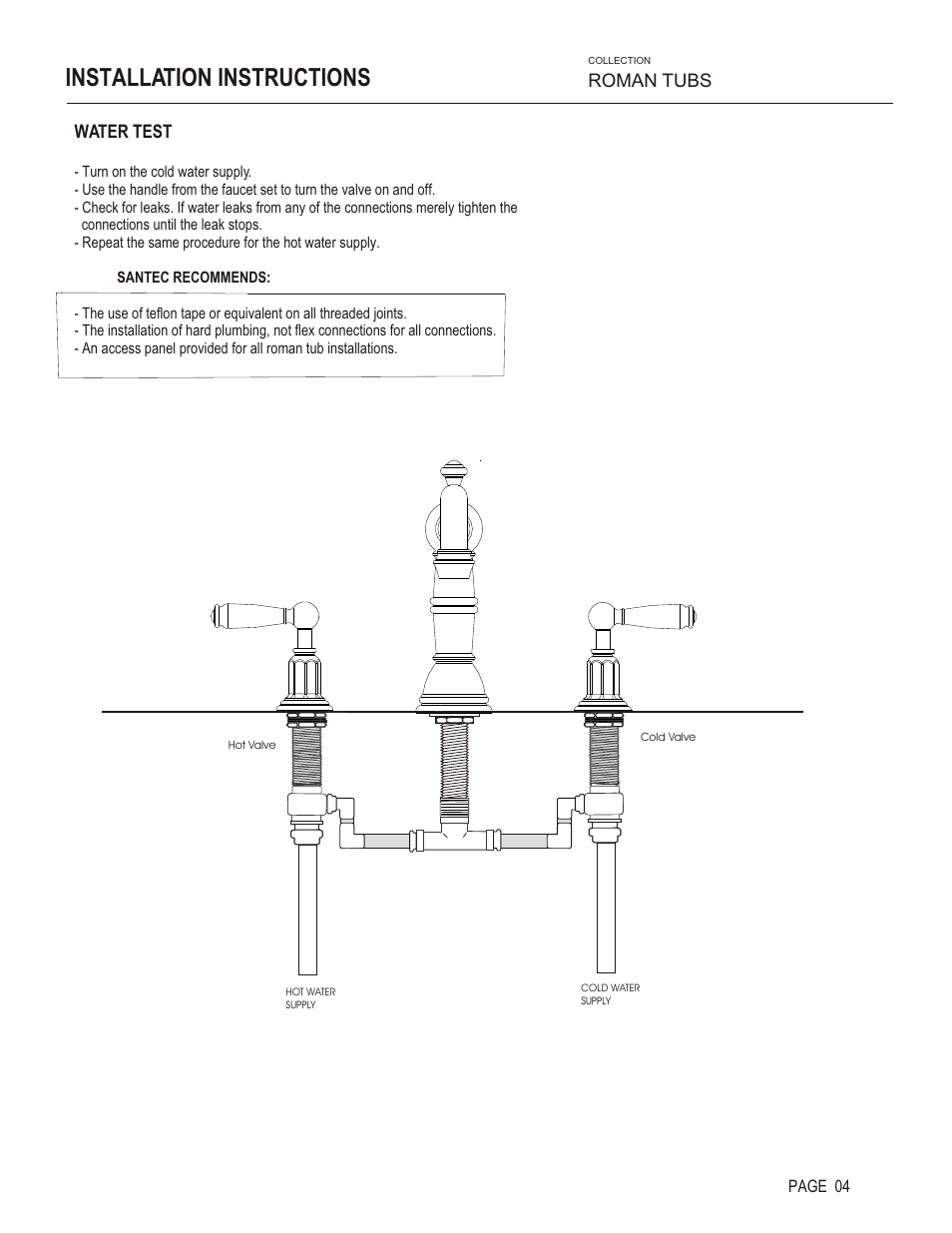 Installation instructions, Water test, Roman tubs | Santec 2650EZ User Manual | Page 4 / 5
