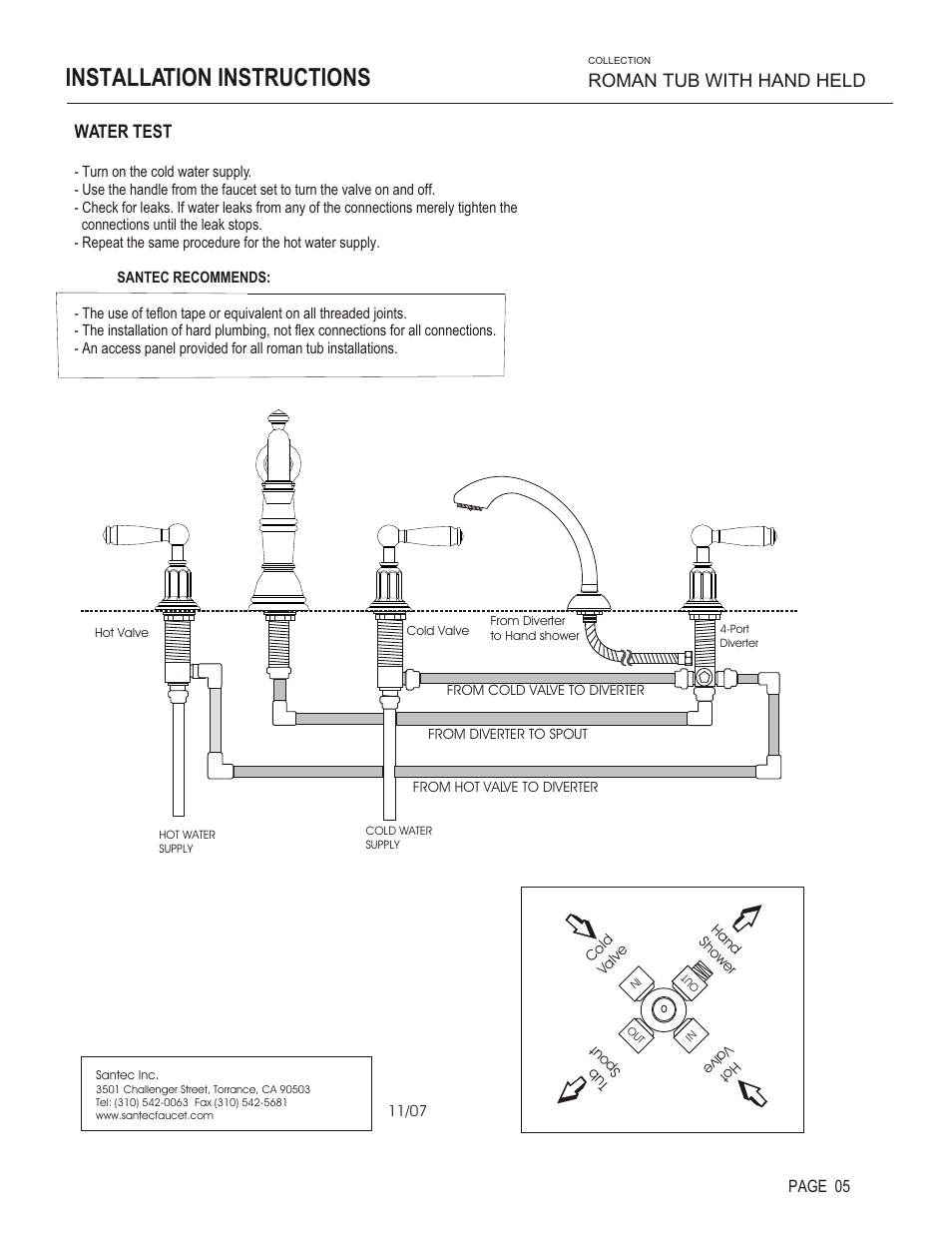 Installation instructions, Water test, Roman tub with hand held | Santec 2655EZ User Manual | Page 5 / 6
