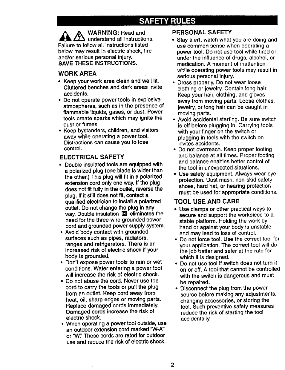 Safety rules, Work area, Electrical safety | Personal safety, Tool use and care, A a warning | Craftsman 646.10620 User Manual | Page 2 / 8