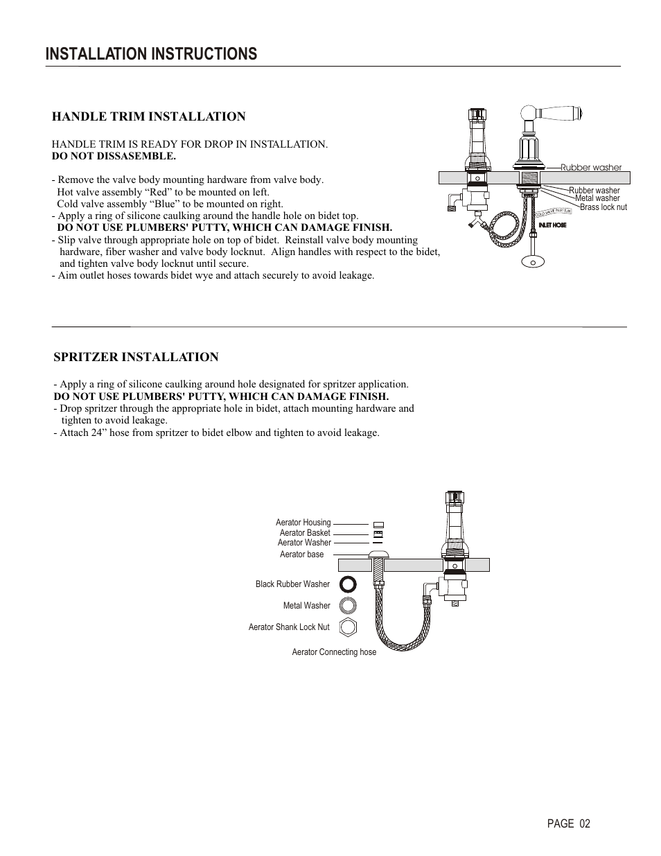 Installation instructions, Handle trim installation, Spritzer installation | Page 02 | Santec 2670EZ User Manual | Page 2 / 4