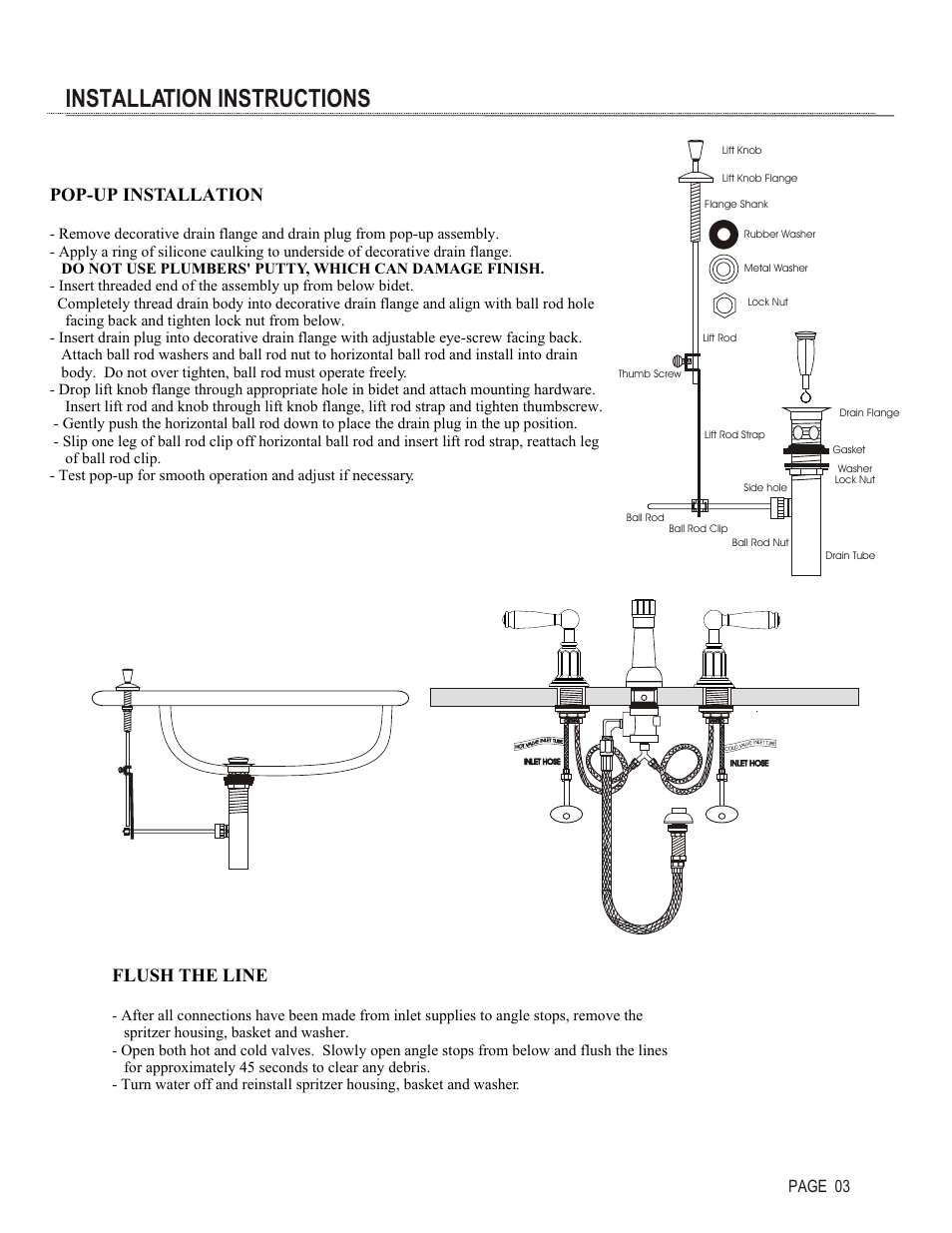 Installation instructions, Pop-up installation, Flush the line | Page 03 | Santec 2670EZ User Manual | Page 3 / 4