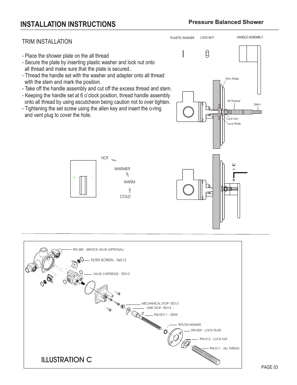 Installation instructions, Illustration c, Trim installation | Pressure balanced shower | Santec 2831EM User Manual | Page 3 / 4