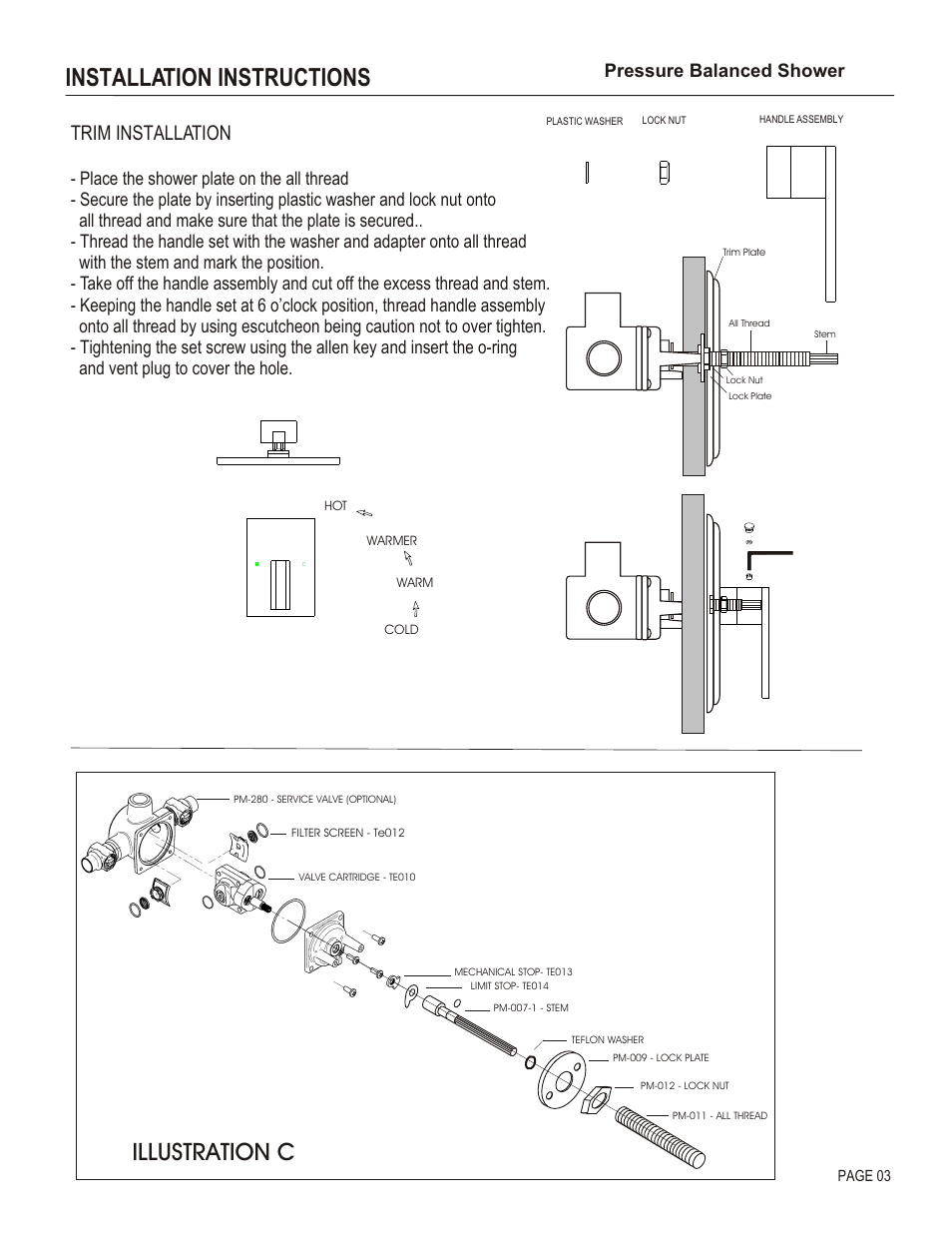 Installation instructions, Illustration c, Trim installation | Pressure balanced shower | Santec 2832EM User Manual | Page 3 / 4