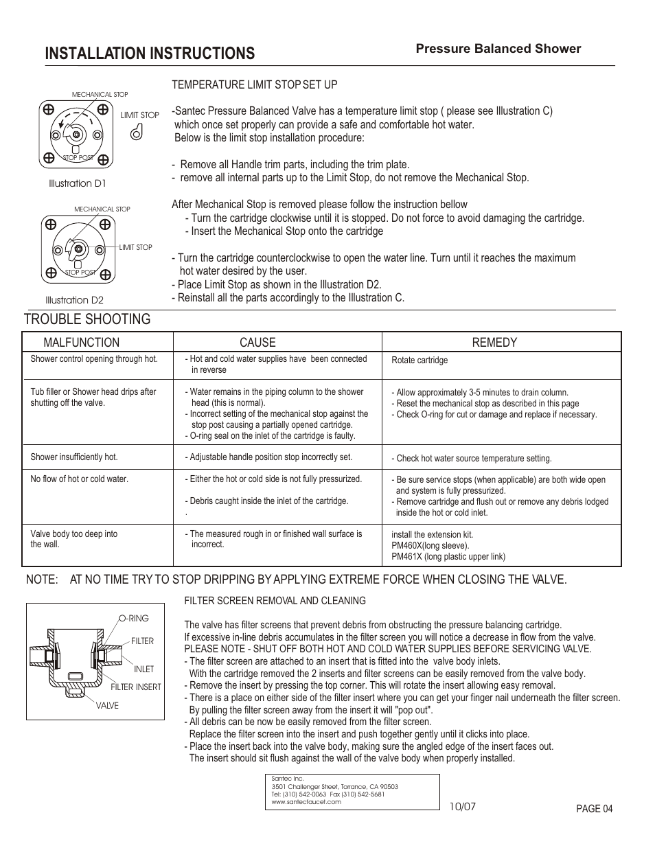 Installation instructions, Trouble shooting, Malfunction cause remedy | Pressure balanced shower | Santec 2832EM User Manual | Page 4 / 4