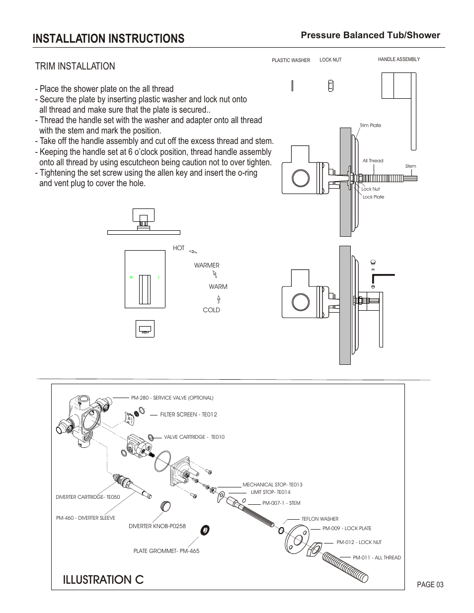 Installation instructions, Illustration c, Trim installation | Pressure balanced tub/shower | Santec 2834EM User Manual | Page 3 / 4