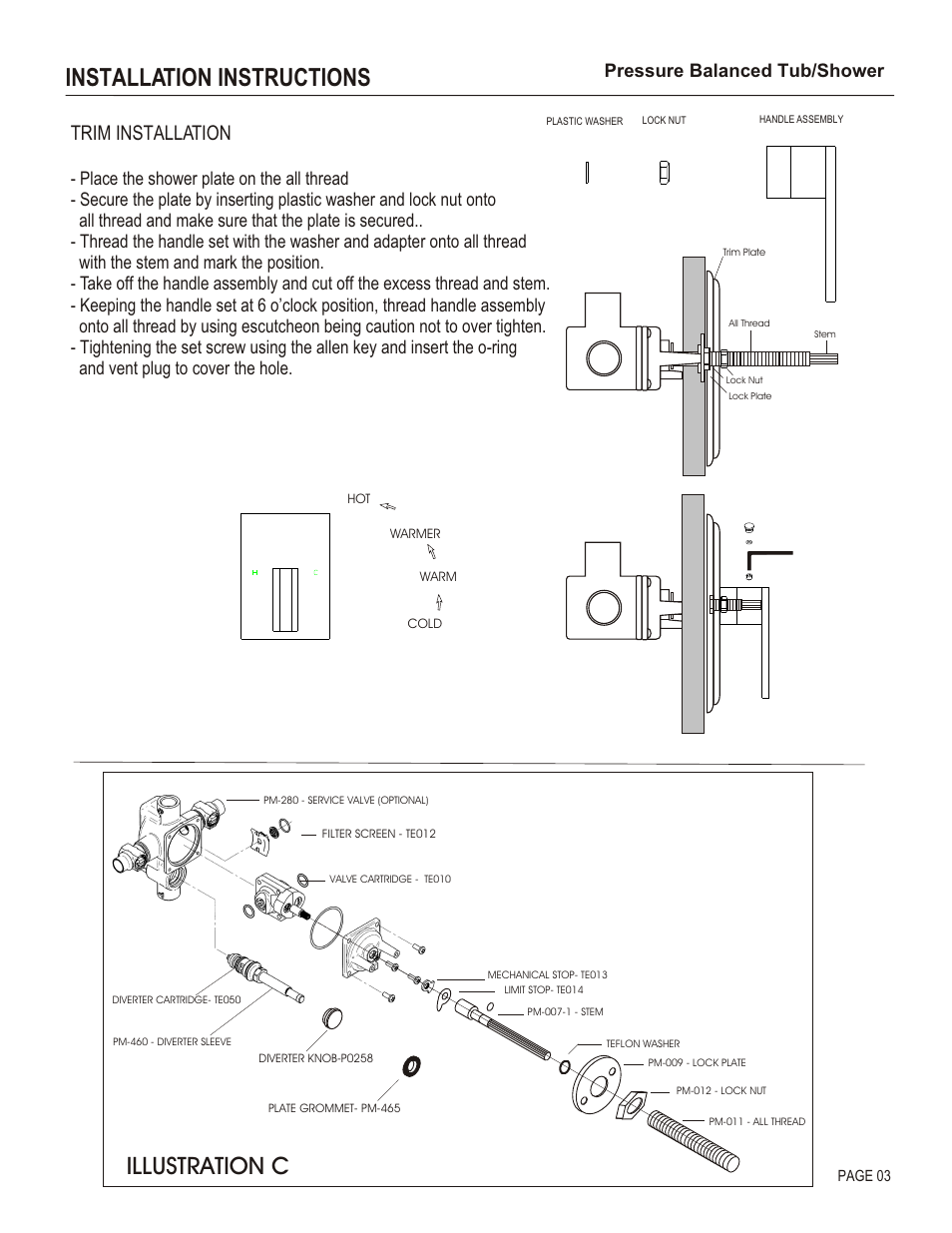 Installation instructions, Illustration c, Trim installation | Pressure balanced tub/shower | Santec 2835EM User Manual | Page 3 / 4