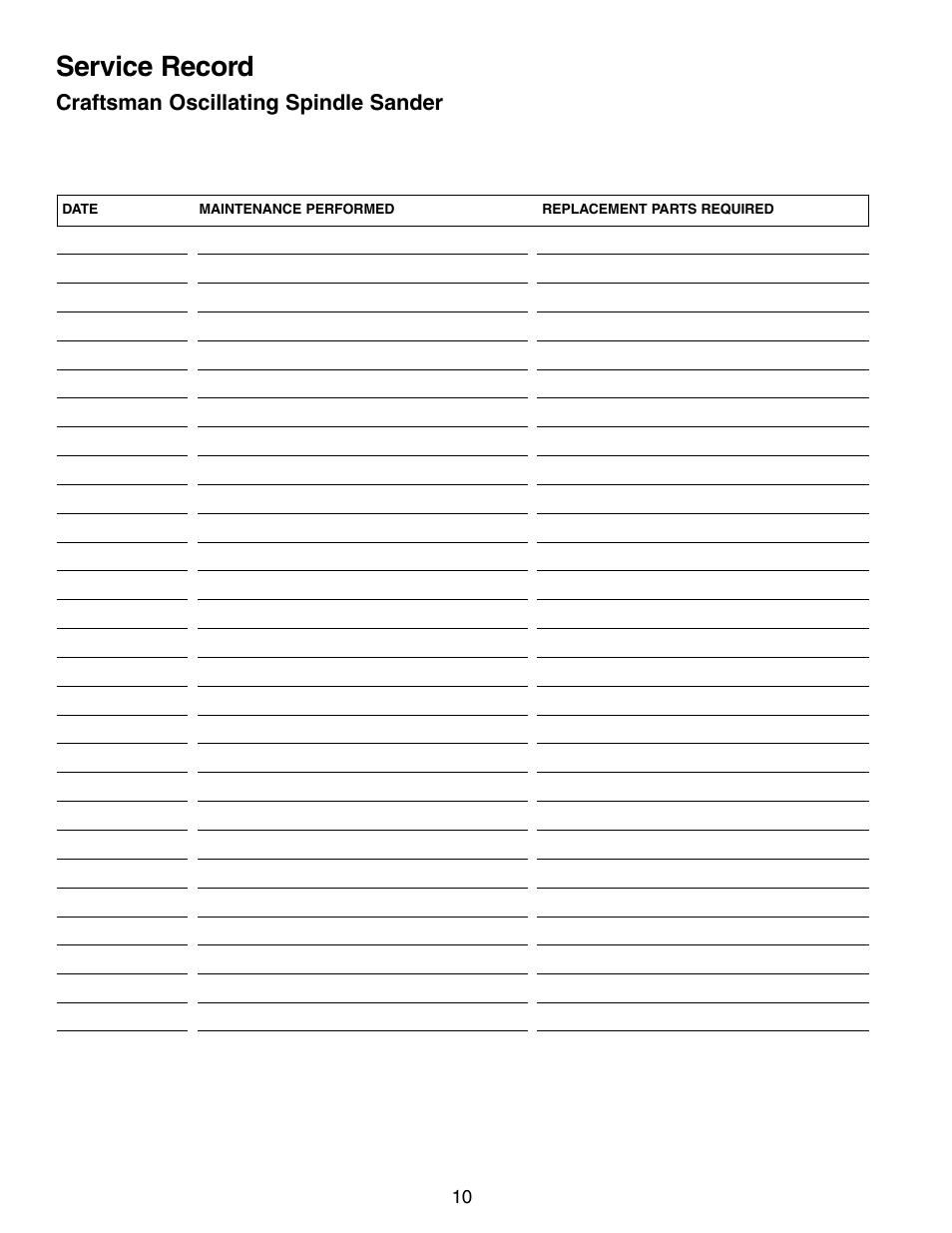 Service record | Craftsman 351.215 User Manual | Page 10 / 12